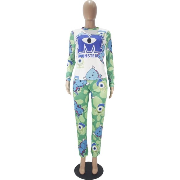 D984 Blue/Green Cartoon Character Inspired Printed Pajama Set - Picture 2 of 3